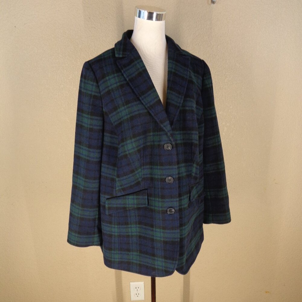 Talbots Plus 14W Navy Blue Dark Green Plaid Tartan Single Button Blazer Jacket - Picture 2 of 5